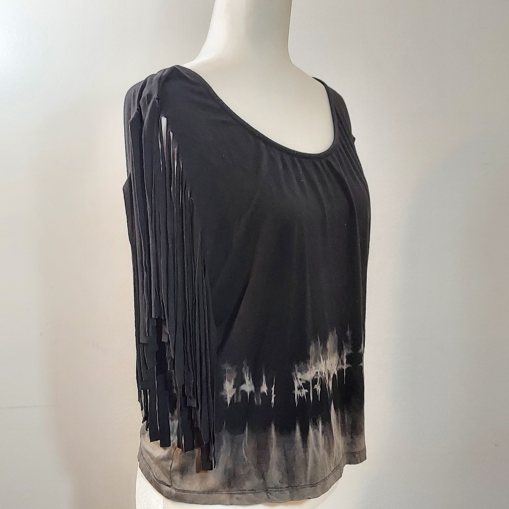 WetSeal Women's Black Tie Dye Bleached Shirt with Fun Fringe Cut Sleeves - Picture 4 of 15